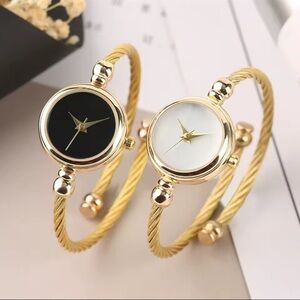 Women’s Gold 2 Bangle Bracelet Watch 
Chic Minimalist Style (Black & White Face)